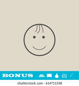 Smiling child icon flat. Grey pictogram on light background. Vector illustration symbol and bonus button real estate, ottoman, vase, tv, fishing rod