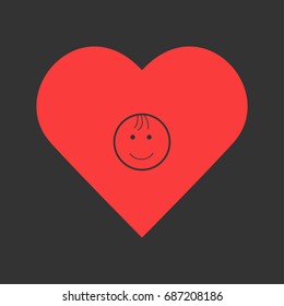 Smiling child icon flat. Simple pictogram on heart background. Vector illustration symbol