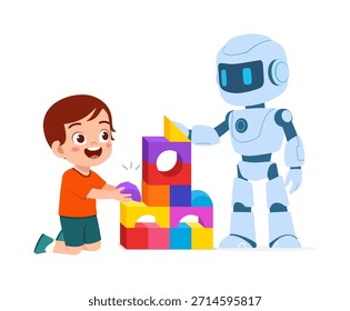 Smiling child and modern robot collaborating to build a colorful structure with various toy blocks cheerfully