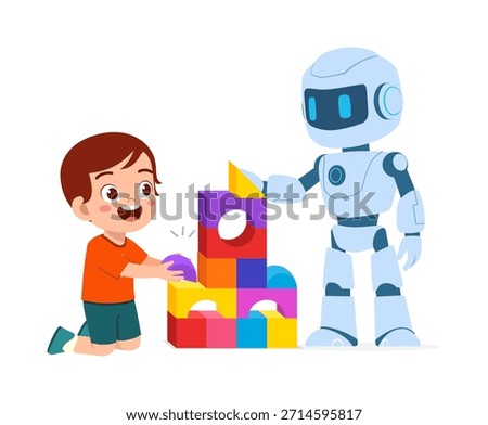 Smiling child and modern robot collaborating to build a colorful structure with various toy blocks cheerfully