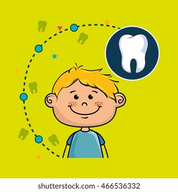 smiling child over a green background with an icon of a tooth in a dark blue circle