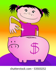 A smiling child puts a coin in a piggy bank, vector