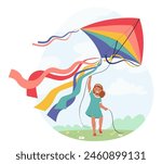 Smiling Child Raises her Arms Excitedly While Flying A Vibrant Kite Against A Bright Blue Cloudy Sky. Little Girl Character Enjoying The Outdoor Recreational Fun. Cartoon People Vector Illustration
