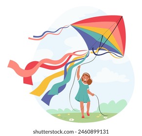 Smiling Child Raises her Arms Excitedly While Flying A Vibrant Kite Against A Bright Blue Cloudy Sky. Little Girl Character Enjoying The Outdoor Recreational Fun. Cartoon People Vector Illustration