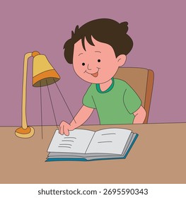 Smiling Child Reading a Book at Night