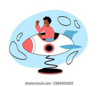 Smiling child riding a spring-mounted rocket playground toy, raising hand joyfully. Minimalist cartoon style on a white and blue background. Concept of childhood fun