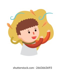 Niño sonriente con bufanda rodeado de viento y hojas que caen en otoño. Ilustración vectorial