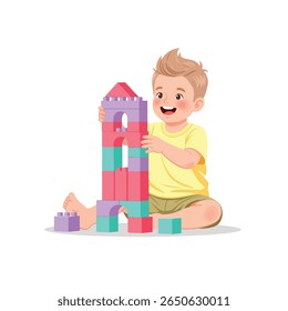 A smiling child sits and builds a tall tower with colorful toy blocks.