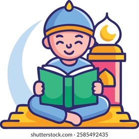 A smiling child sits with the Quran beside a Ramadan lantern and a mosque dome, representing faith and devotion.