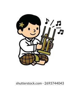 Criança sorridente sentada de pernas cruzadas tocando um instrumento musical de bambu enquanto as notas musicais flutuam nas proximidades.