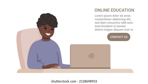 Smiling child sitting in front of laptop. Online education concept. Good design for chatting, online call and online lessons.