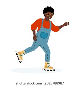 Smiling child skating on roller blades wearing colorful attire in a bright environment