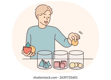 Smiling child sorting geometric figures in different jars. Happy boy involved in logical game with geometrical elements. Vector illustration.