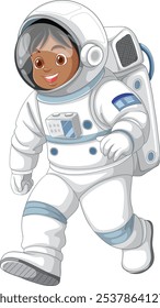 Smiling child in spacesuit walking confidently