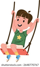 A smiling child with a star shirt swings joyfully, drawn in a playful cartoon style. The kid holds the ropes tightly, showing excitement and fun. Cartoon vector illustration.