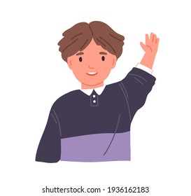 Smiling child waving with hand and saying hi. Portrait of boy with happy face greeting smb. Little kid from kindergarten or elementary school. Flat vector illustration of schoolboy isolated on white