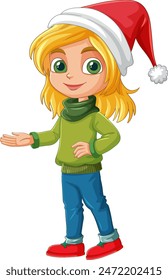 Smiling child wearing a Santa hat and green sweater