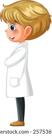 Smiling child wearing a white lab coat