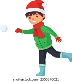 Smiling child wearing winter clothes, including a santa hat, red scarf and gloves, and blue boots, throwing a snowball while running, enjoying winter games and the festive season