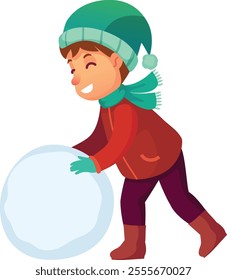 Smiling child wearing winter clothes including a red jacket, green hat and scarf, and teal gloves is rolling a giant snowball to build a snowman, enjoying winter fun