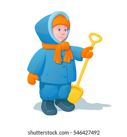 smiling child in winter clothes, with a plastic shovel for snow in a hand, on a white background