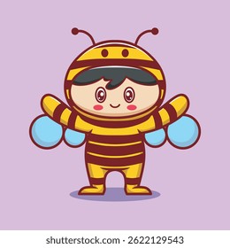 Smiling child in yellow bee costume with wings and antennas vector