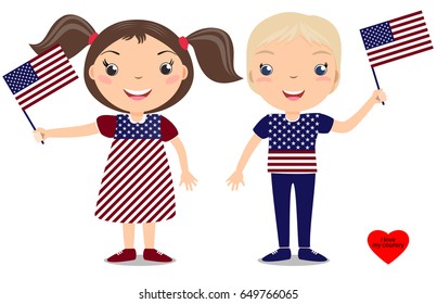 Smiling Childern, Boy And Girl, Holding A American Flag Isolated On White Background. Vector Cartoon Mascot. Holiday Illustration To The Day Of The Country, Independence Day, Flag Day.  