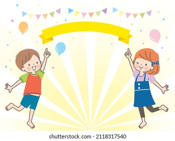Smiling children and backgrounds raising their hands energetically