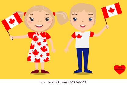 Smiling children, boy and girl, holding a Canada flag isolated on yellow background. Vector cartoon mascot. Holiday illustration to the Day of the country, Independence Day, Flag Day.  