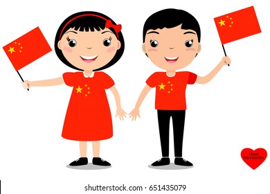 Smiling children, boy and girl, holding a China flag isolated on white background. Vector cartoon mascot. Holiday illustration to the Day of the country, Independence Day, Flag Day. 