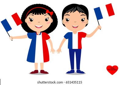 Smiling children, boy and girl, holding a France flag isolated on white background. Vector cartoon mascot. Holiday illustration to the Day of the country, Independence Day, Flag Day. 
