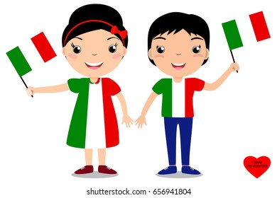 Smiling children, boy and girl, holding a Italy flag isolated on white background. Vector cartoon mascot. Holiday illustration to the Day of the country, Independence Day, Flag Day. 
