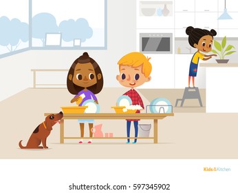 Smiling Children Doing Daily Routine In Kitchen. Two Kids Washing Dishes With Soap Foam, Funny Dog And Girl Taking Care Of Plant On Background. Clean Up Concept. Vector Illustration For Flyer, Poster.