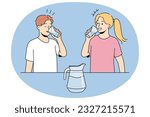Smiling children drinking water keep hydration balance. Happy kids enjoy clean aqua follow healthy lifestyle. Vector illustration.