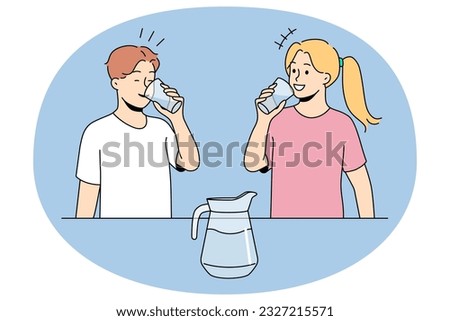 Smiling children drinking water keep hydration balance. Happy kids enjoy clean aqua follow healthy lifestyle. Vector illustration.