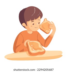 Smiling children eating healthy bread on farm isolated