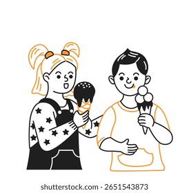 Smiling children enjoying ice cream in a minimalist style. Both hold cones, expressing joy and delight. Black and orange tones add contrast to this playful image.