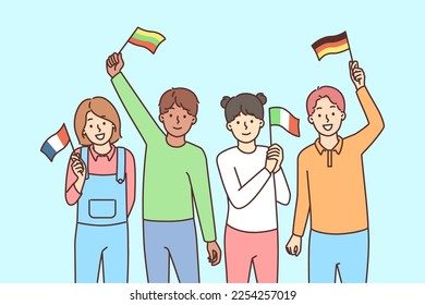 Smiling children with flags of different countries in hands enjoy international education. Happy kids from various nationalities engaged in multiracial experience. Vector illustration.