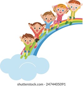 Smiling children gliding along a big rainbow