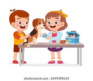 Smiling children help a beagle with first aid on a table in a cartoon style