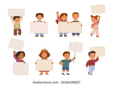 Smiling children holding empty banners. Vector isolated cute cartoon characters with blank papers for announcement message or presentation field. Kids events, birthday or playful advertising