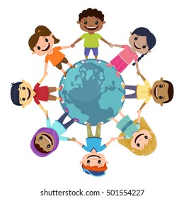 Smiling children holding hands around the world. Children's Day concept.
