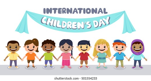 Smiling children holding hands. International Children's Day background.