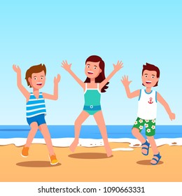 Smiling children jump together on seaside sand beach. Two cheerful boys in summer clothes & girl in swimsuit hop on seashore. Three kids jump on coastline. Flat vector isolated character illustration