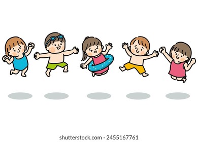 Smiling children jumping in swimsuits.