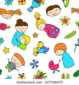 Smiling children and mom character seamless pattern. Mother day wrapping paper. Festive colorful children and flowers on white background. Summer kids seamless pattern tile. Doodle tileable pattern