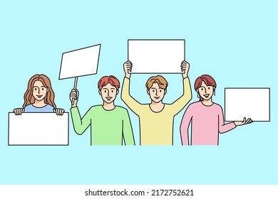 Smiling children with placards on demonstration or picket. Happy diverse kids with empty mockup banners protest together. Vector illustration. 