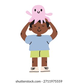 Smiling children playing with cute soft toys. Boy cartoon character on a white background for poster, stickers, flyer, kindergarten advertisement. Vector illustration isolated