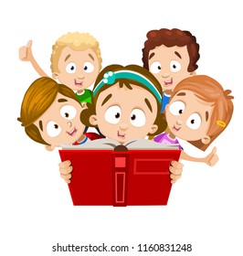 Smiling Children Reading Book Interes Girl Stock Vector (Royalty Free ...