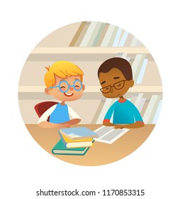 Smiling children reading books and talking to each other at school library. School kids discussing literature in round frames. Cartoon vector illustration for banner, poster.